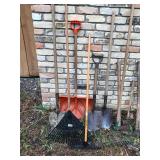 Large Lot of Garage and Yard Tools - Rakes - Sledge Hammer - Shovels - Brooms and More