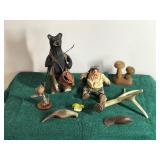 Lot of Figurines - Fishing Bear from the Hadley Collection - Wood Mushroom Salt & Pepper Shakers - Artificial Deer Horn - Robin - Golfer - Wood Birds and More