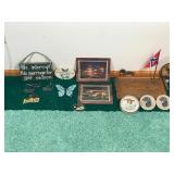Terry Redlin Ceramic Pictures - Ashtray with Wood Ducks Painted inside - Black Lab Coasters - Golf Signs - Small Wooden Tray - Moose Night Light and More
