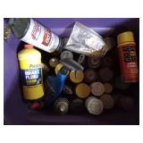 / Totes and a box of lubricants fluid, paint and more