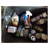 / Totes and a box of lubricants fluid, paint and more