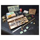 Czecklos Slovakian ashtrays, license plate, military toy metal cannon, Shefield carving set and more