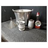 Stainless steel bucket, 2 pewter steins and metal funnel and more