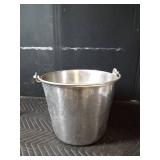 Stainless steel bucket, 2 pewter steins and metal funnel and more