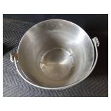 Stainless steel bucket, 2 pewter steins and metal funnel and more