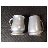 Stainless steel bucket, 2 pewter steins and metal funnel and more