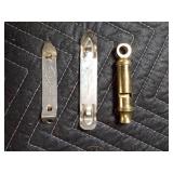 Vintage bottle openers, whistle, keys and a pipe