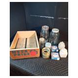 Mesa Pride wooden box with assorted glass and 2 boxes of canning jars and jar rubber gaskets