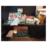 3 boxes of Christmas light bulbs, lights, garland and more