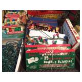 3 boxes of Christmas light bulbs, lights, garland and more