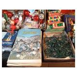 3 boxes of Christmas light bulbs, lights, garland and more
