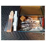 Vintage firestone Home and Auto first aid kit filled with misc. Hamms, Schmidt, Grainbelt bottle openers and more