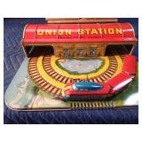 Vintage Automatic Toy Co. tin "Mystery Union Station" train set with original box