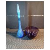 Vintage Mid-century Modern Italian Emboli glass genie decanter and purple glass bowl