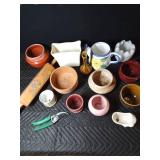 14 assorted planters and rolling pin - see details
