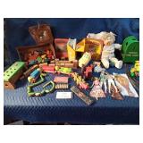 Lot of vintage toys: Cabbage Patch doll, wood train& town, wood pull toy, wood mail box, wood tractor, wood blocks, wood snake and more