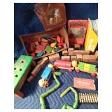 Lot of vintage toys: Cabbage Patch doll, wood train& town, wood pull toy, wood mail box, wood tractor, wood blocks, wood snake and more