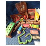 Lot of vintage toys: Cabbage Patch doll, wood train& town, wood pull toy, wood mail box, wood tractor, wood blocks, wood snake and more