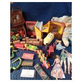 Lot of vintage toys: Cabbage Patch doll, wood train& town, wood pull toy, wood mail box, wood tractor, wood blocks, wood snake and more