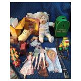 Lot of vintage toys: Cabbage Patch doll, wood train& town, wood pull toy, wood mail box, wood tractor, wood blocks, wood snake and more
