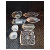 8pcs clear glass serving dishes and 4 glass stemmed glasses