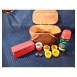 Vintage picnic basket with Aladden Angular thermos, tin box, plastic cups and extra thermos caps