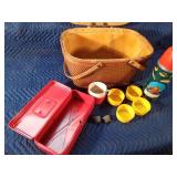 Vintage picnic basket with Aladden Angular thermos, tin box, plastic cups and extra thermos caps