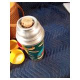Vintage picnic basket with Aladden Angular thermos, tin box, plastic cups and extra thermos caps