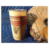 Vintage catchers mitt, baseball bat, baseballs and can of plastic badminton shuttlecocks and more