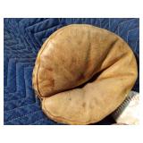 Vintage catchers mitt, baseball bat, baseballs and can of plastic badminton shuttlecocks and more