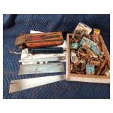 Plews lever action grease gun, 3 saw blades and wood flat of hardware
