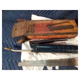 Plews lever action grease gun, 3 saw blades and wood flat of hardware