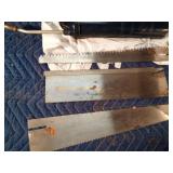 Plews lever action grease gun, 3 saw blades and wood flat of hardware