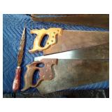 Vintage wood box with vintage tools: saws, files, hatchet head, chalk liner and more
