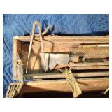 Vintage wood box with vintage tools: saws, files, hatchet head, chalk liner and more