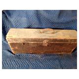 Vintage wood box with vintage tools: saws, files, hatchet head, chalk liner and more