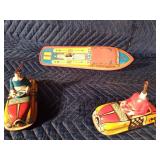 Vintage tin toy wind-up boat by Ohio Art Co. and Marx tin litho wind-up Dipsy doodle Dora & Dipsy Doodle Johnnie cars