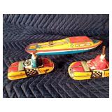Vintage tin toy wind-up boat by Ohio Art Co. and Marx tin litho wind-up Dipsy doodle Dora & Dipsy Doodle Johnnie cars