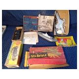 Vintage loom, construction toy items, metal weaving loom set, Rolls Royce model and Sea Battle toy