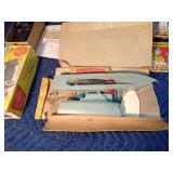 Vintage loom, construction toy items, metal weaving loom set, Rolls Royce model and Sea Battle toy
