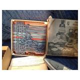 Vintage loom, construction toy items, metal weaving loom set, Rolls Royce model and Sea Battle toy