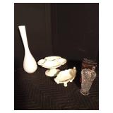 Imported lead crystal vase, 2 modern Japan footed trays, vase that could be Shawnee or Red Wing