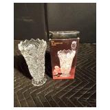 Imported lead crystal vase, 2 modern Japan footed trays, vase that could be Shawnee or Red Wing