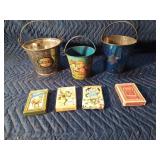 3 Vintage metal pails and vintage card games