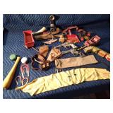 Wooden box of vintage toys and more