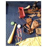 Wooden box of vintage toys and more