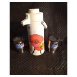 Coffee pot, mugs and can crusher