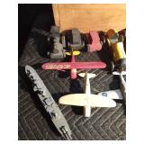 Wooden box of wooden vehicles: airplanes, trains, race cars and more