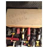 Wooden box of wooden vehicles: airplanes, trains, race cars and more