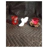 Milk glass Fenton shoe, gold tone candle holder and Pilgrim hand blown glass